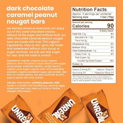 UNREAL Dark Chocolate Caramel Peanut Nougat Bars (1 Bag), 70% Organic Ingredients, Fair Trade, Non-GMO, No Corn Syrup, Sugar Alcohols, Soy, 3.4oz
