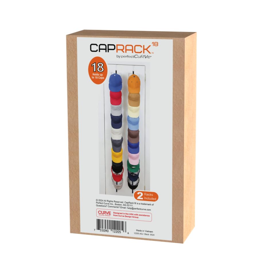 Perfect Curve CapRack | Over-The-Door Hat Organizer for Baseball Caps | 2 Straps, Holds 18-36 Adjustable Caps | Black