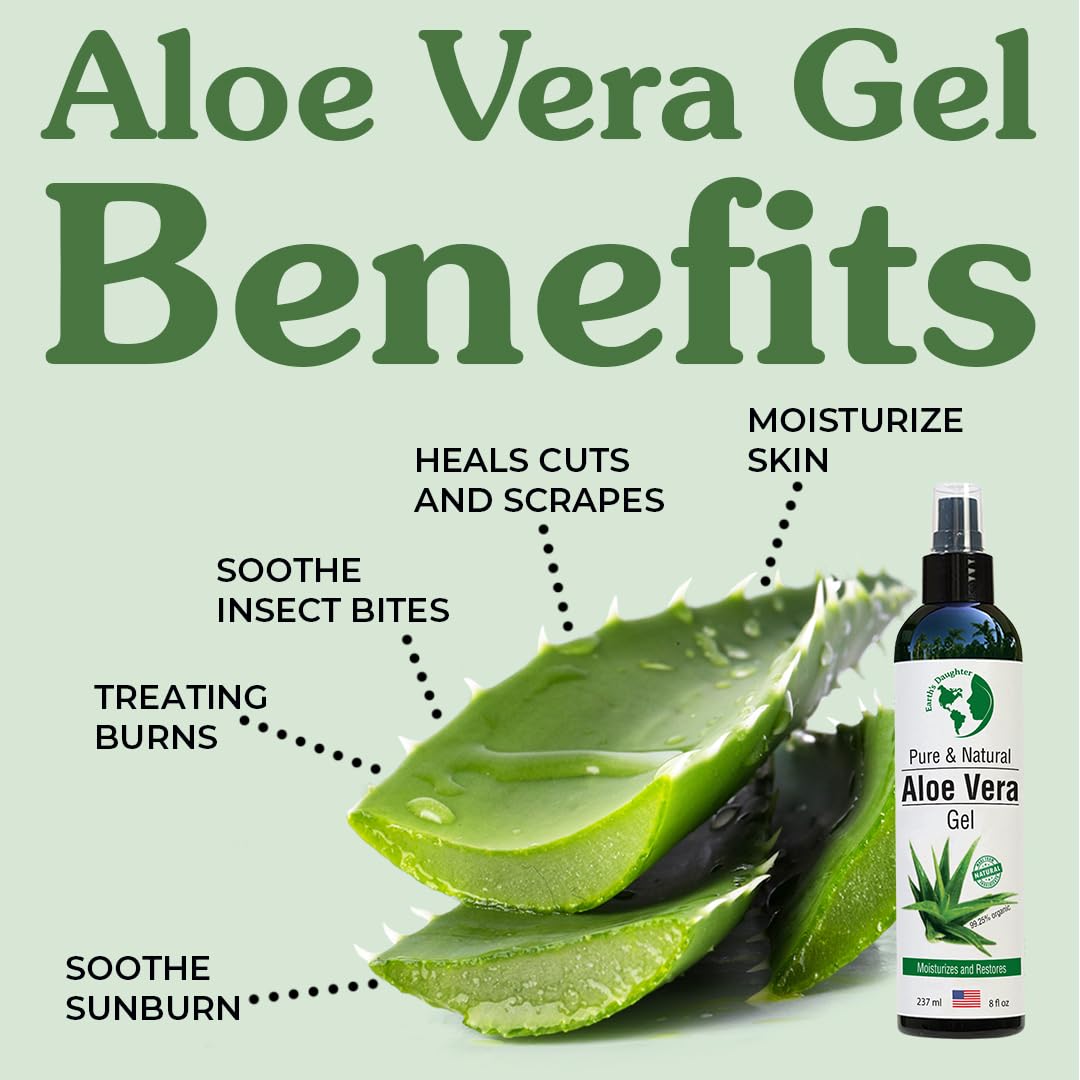 Earth's Daughter Organic Aloe Vera Gel from 100% Pure and Natural Cold Pressed Aloe - Great for Face - Hair - Acne - Sunburn - Bug Bites - Rashes - Eczema - 8 Oz.