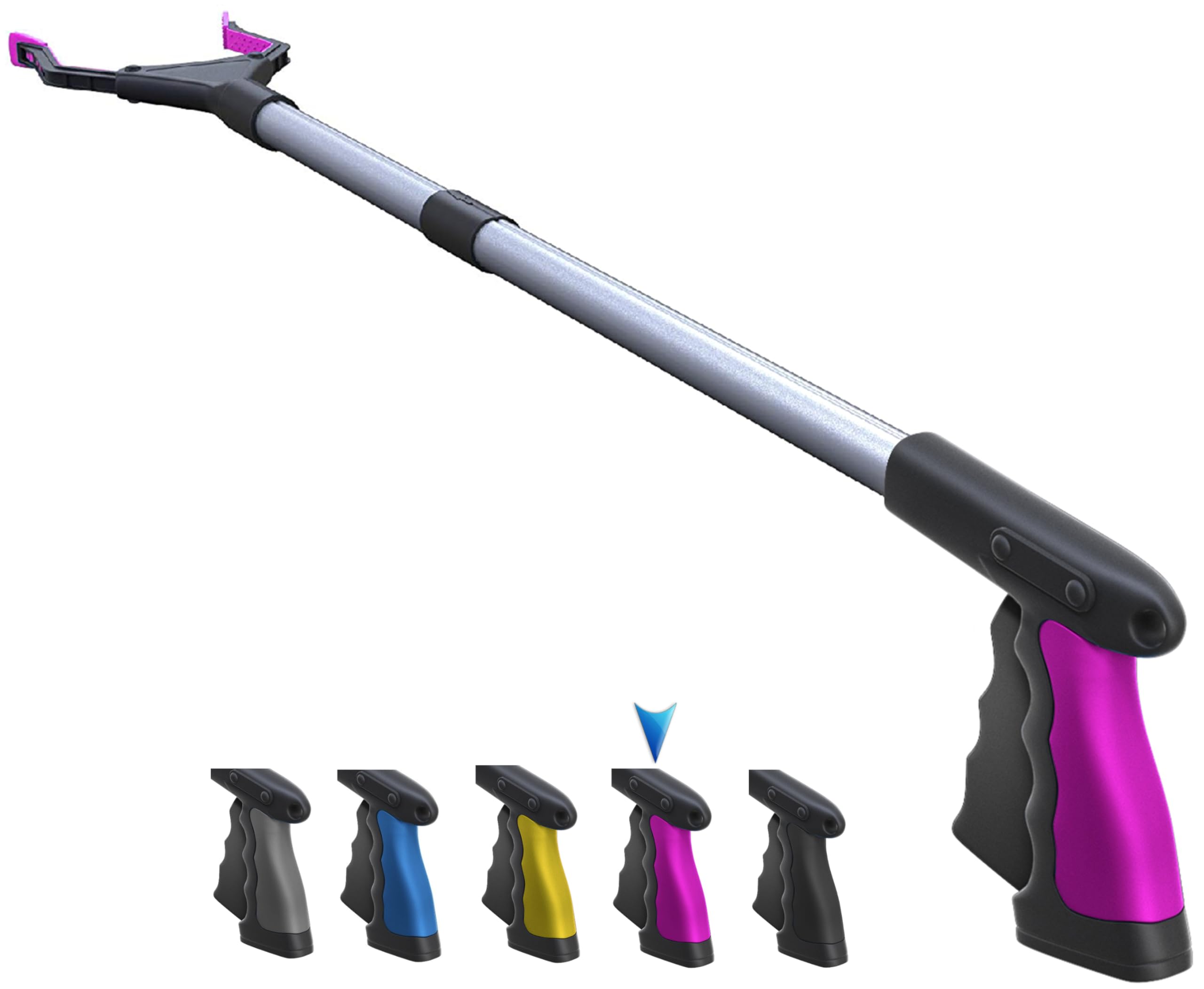 FitPlus 2025 Upgrade PowerGrip T9, Grabber Reacher Tool, Wide Jaw, Foldable, Steel Cable, with 96 Grip Points for Firm Grip, 32" with Magnet (Pink, 32 Inch)