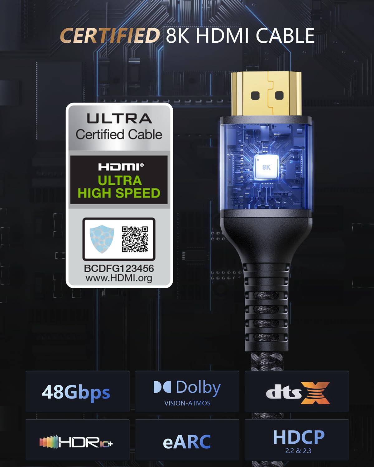 Stouchi 10K 8K HDMI Cable 6ft 48Gbps (Certified) Ultra High Speed HDMI® Cable, 8K60Hz 4K120Hz 144Hz eARC HDCP 2.2&2.3 HDR10+ Dolby Compatible with PS5 PlayStation 5 Xbox Series X Apple TV 4K