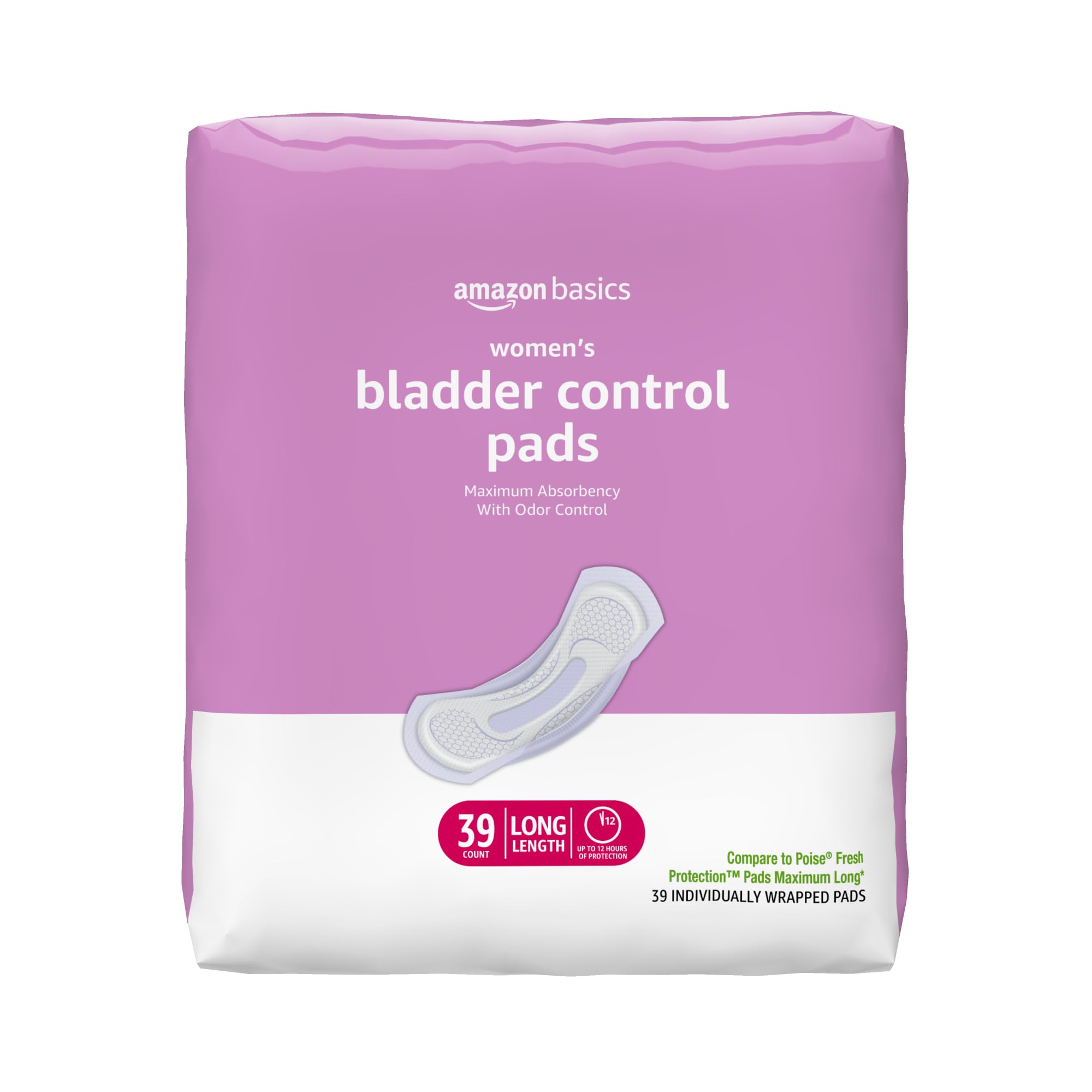 Basics Incontinence Pads for Women Long, Bladder Control, Postpartum, Maximum Absorbency, Unscented, 39 Count