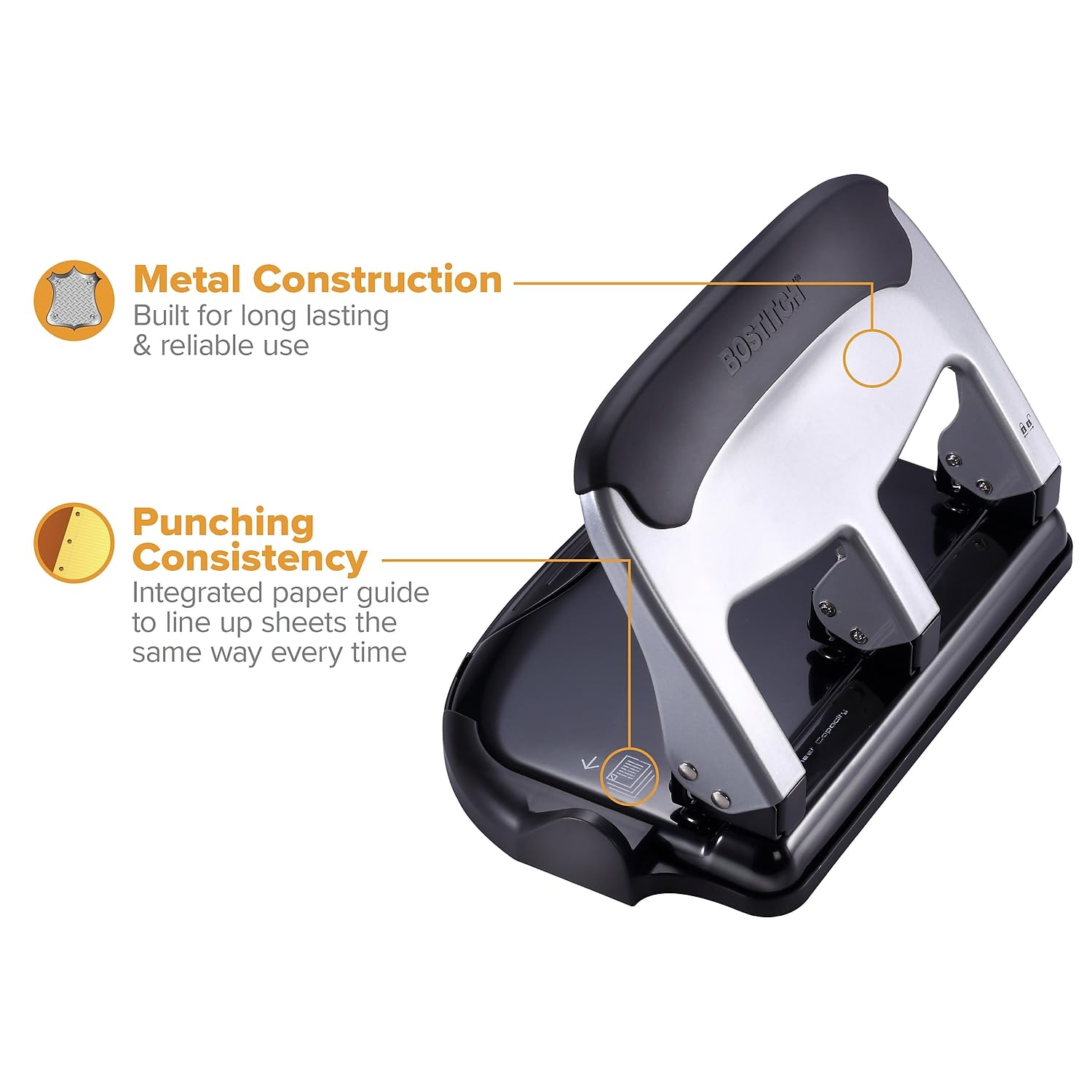 Bostitch Office EZ Squeeze Heavy Duty 3 Hole Punch, 40-Sheet Capacity, Use Less Force, Perfect for Home Office School Supplies, Sleek Design, Silver