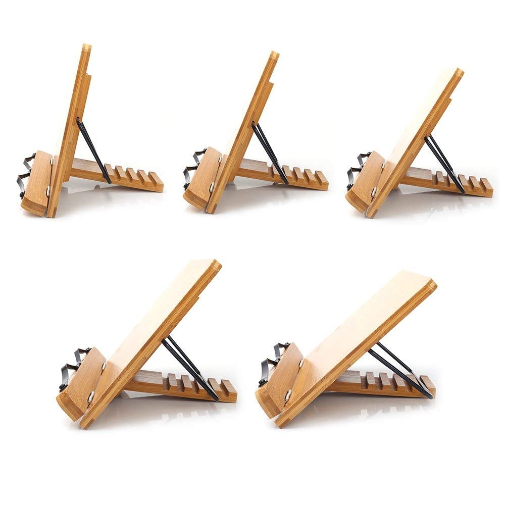 wishacc Bamboo Book Stand, Adjustable Book Holder Tray and Page Paper Clips-Cookbook Reading Desk Portable Stable Hard-Wearing Lightweight Bookstand-Textbooks Books