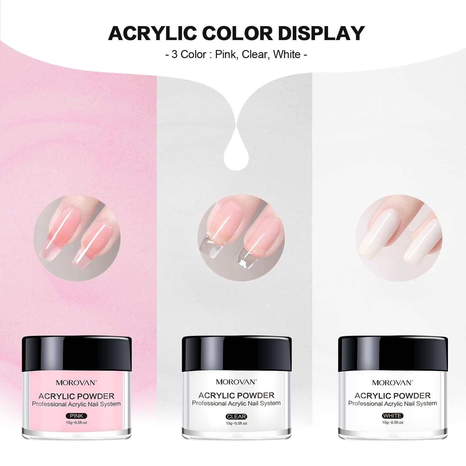 Morovan Acrylic Nail Kit: Clear Pink White Powder and Professional Liquid Set for Nail Extension - DIY at Home With Brush for Beginners
