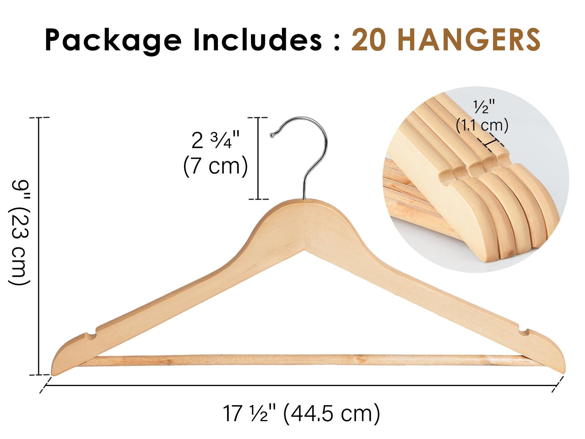 StorageWorks Wooden Hangers 20 Pack, Wood Coat Hanger for Coats, Shirts, Jackets, Pants, Suits, Natural Wood Color