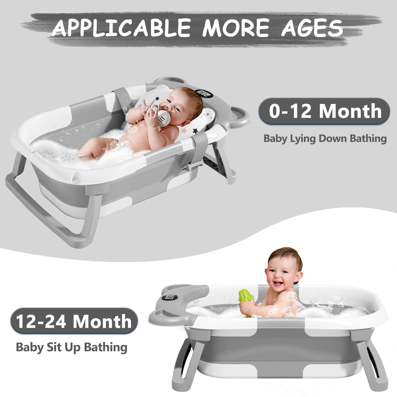 MoreFeel Collapsible Baby Bathtub for Newborn with Thermometer & 1 Hooded Towel & 1 Soft Floating Cushion,Portable Travel Bathtub with Drain Hole, Durable Foldable Baby Tubs for Infants to Toddler