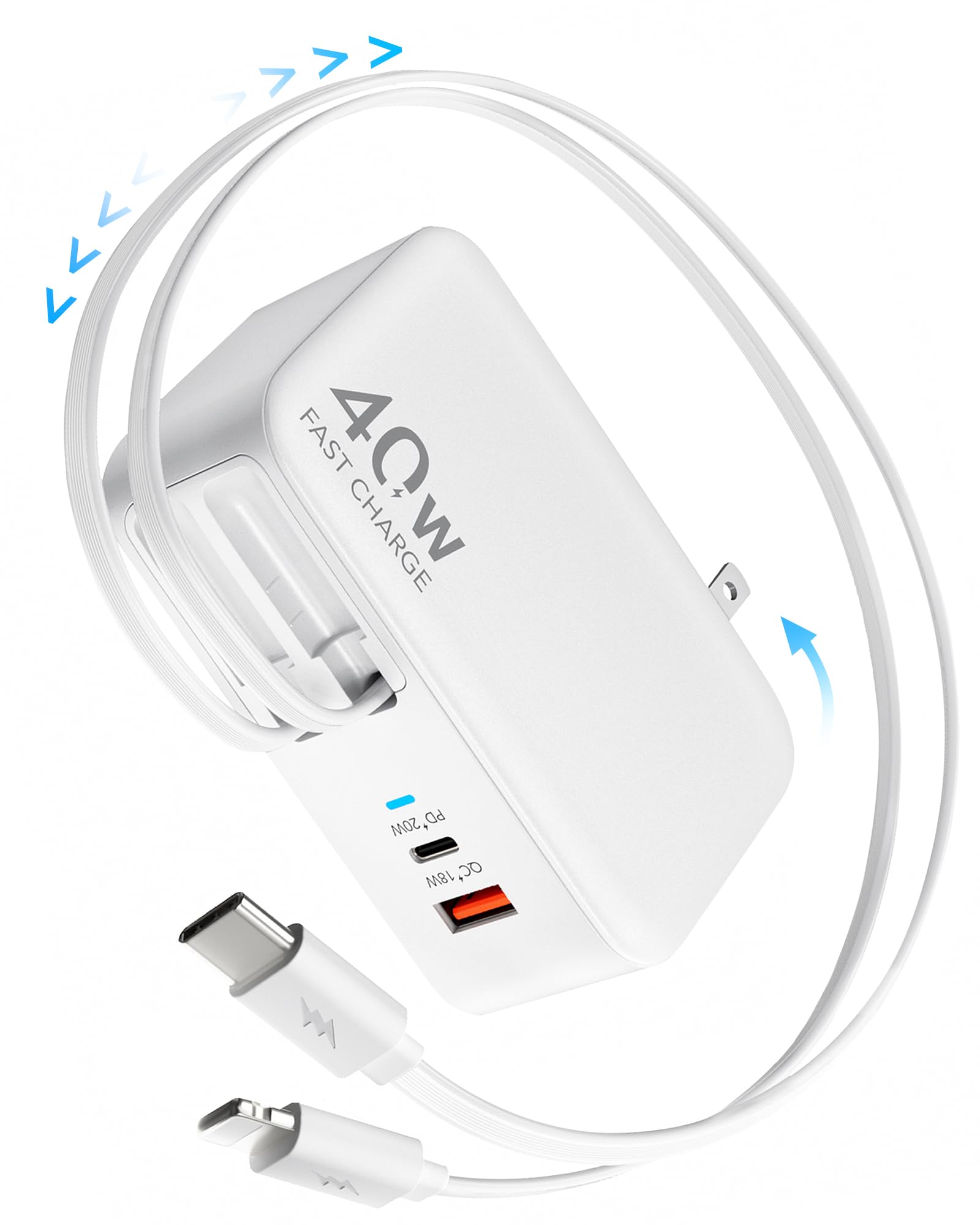 4-in-1 Retractable Gan Wall Charger Plug for iPhone 17 USB C,Travel Essentials Brick Multiport,3ft Lightening+ Type C Cables,40W Fast Charging Foldable Block for iPhone 17 Pro/16/15/14/13,iPad,Galaxy
