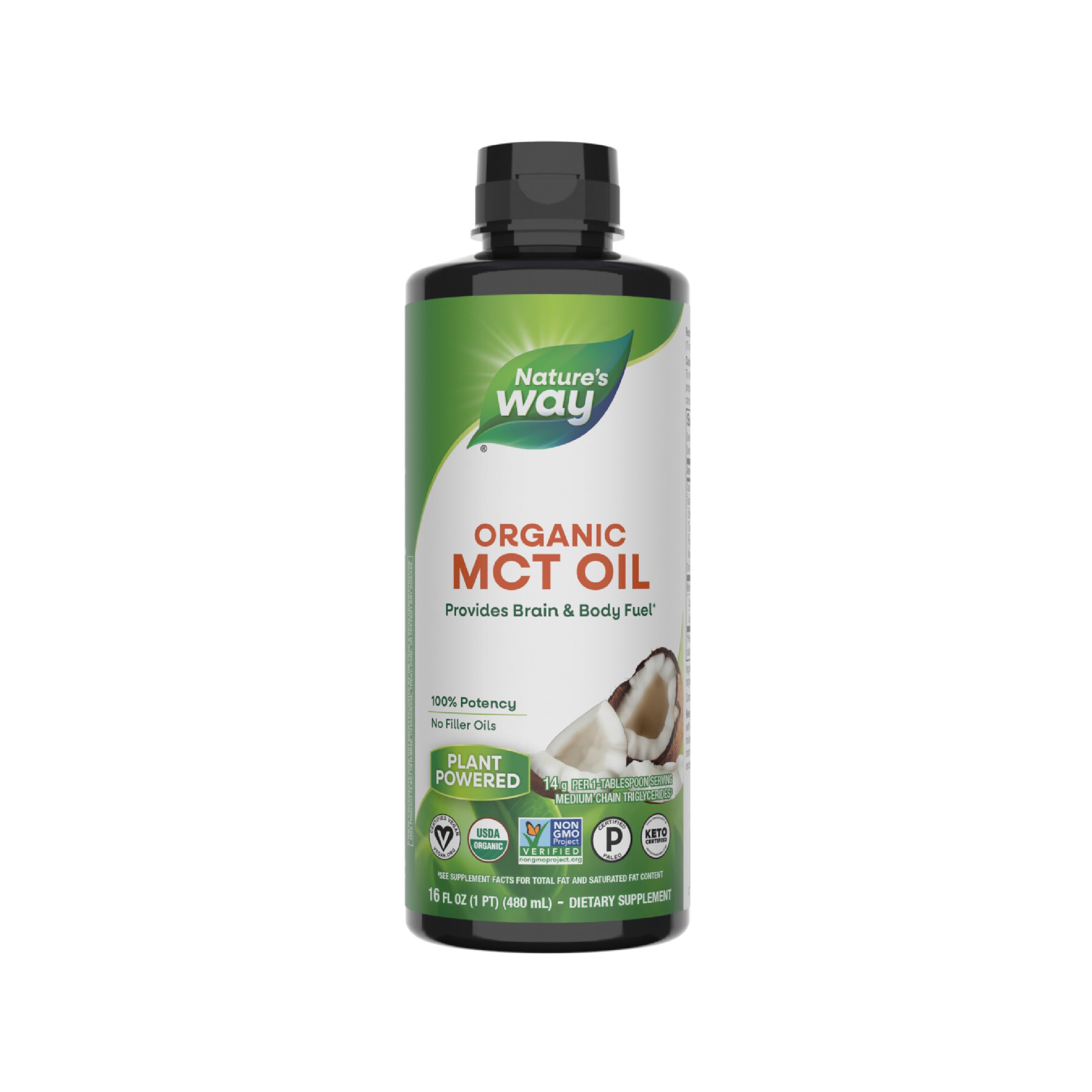 Nature's Way Organic MCT Oil, 16 Fl Oz, Brain and Body Fuel from Coconuts*, C8 Caprylic Acid and C10 Capric Acid, Keto and Paleo Certified, Organic, Non-GMO Project Verified