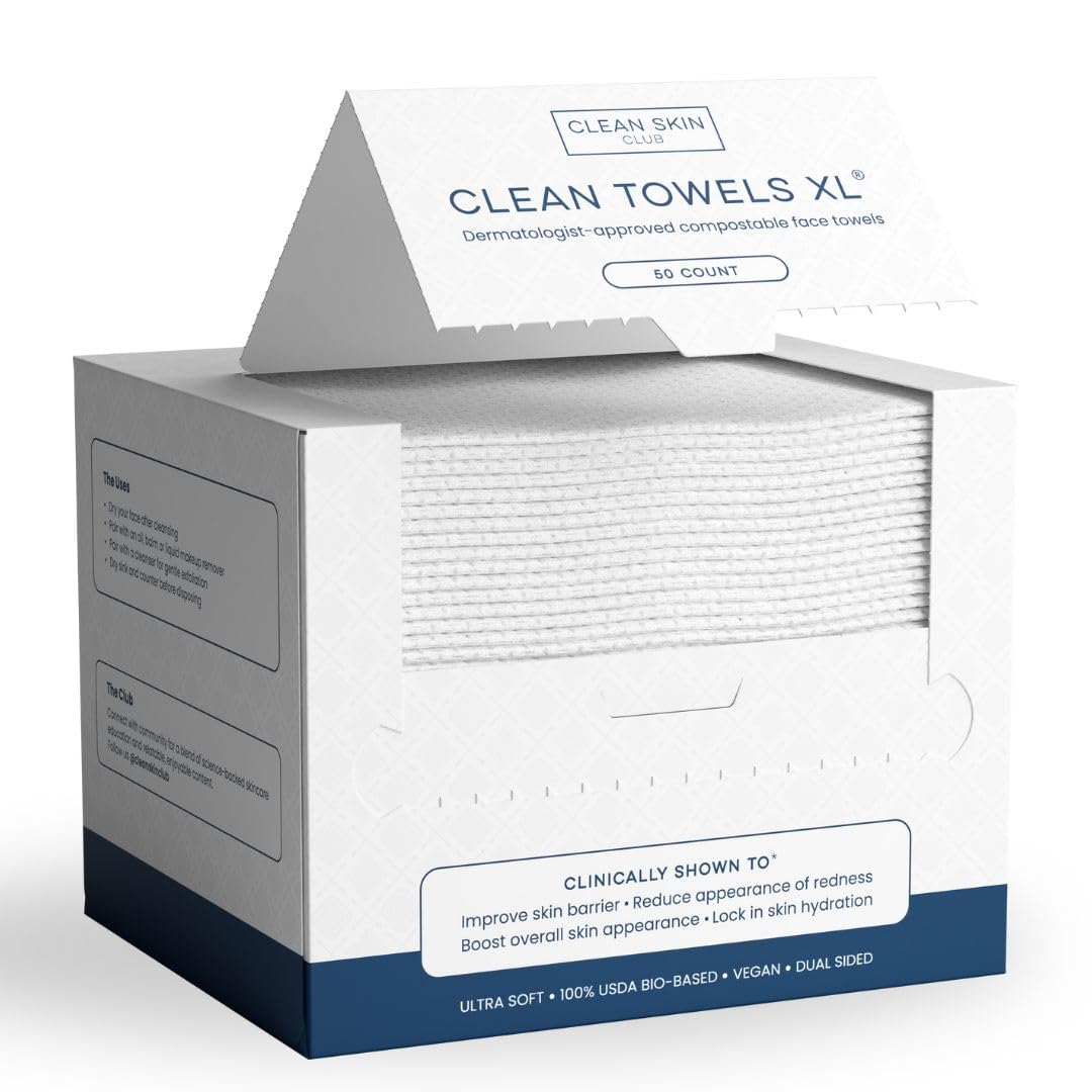 Clean Skin Club Clean Towels XL, 100% USDA Biobased Face Towel, Disposable Face Towelette, Eczema Association Accepted, Makeup Remover Dry Wipes, Ultra Soft, 1 Pack, 50 Ct