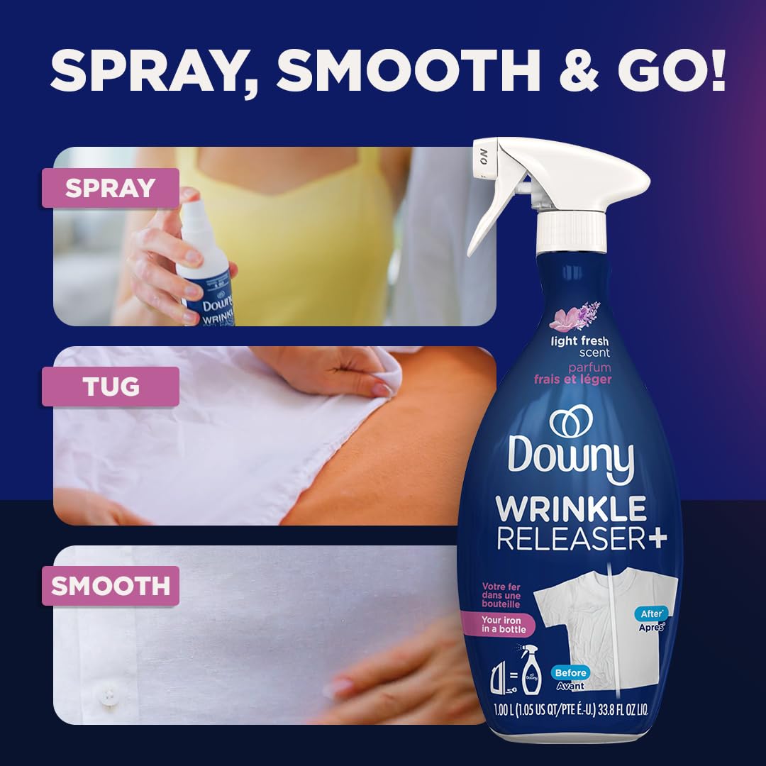 Downy Wrinkle Releaser Spray | All In One Wrinkle Release Spray, Odor Eliminator, Static Remover | Fabric Refresher & Ironing Aid for Clothes | 9.7 Fl Oz (Pack of 2), Fresh Scent