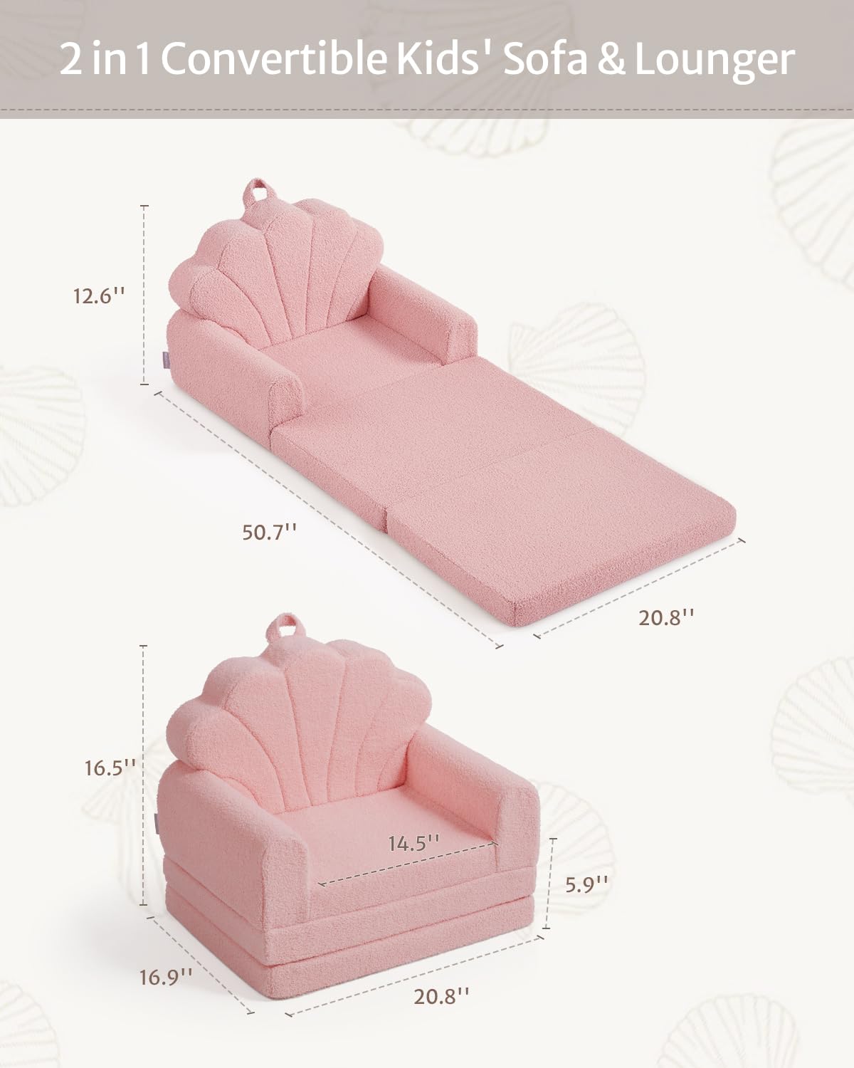 Blissful Diary Kids Couch, 2-in-1 Soft Toddler Couch Fold Out, Toddler Chair Comfy, Convertible Sofa to Lounger, Kids Furniture for Playroom, Gift for Birthday, Children's Day, Pink Shell