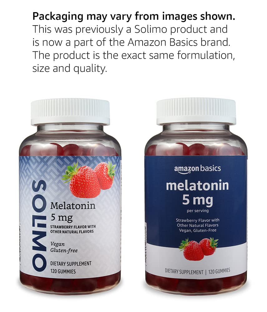 Amazon Basics Melatonin, Sleep Support Gummies, Strawberry Flavor, 5mg, 120 Count (Previously Solimo)