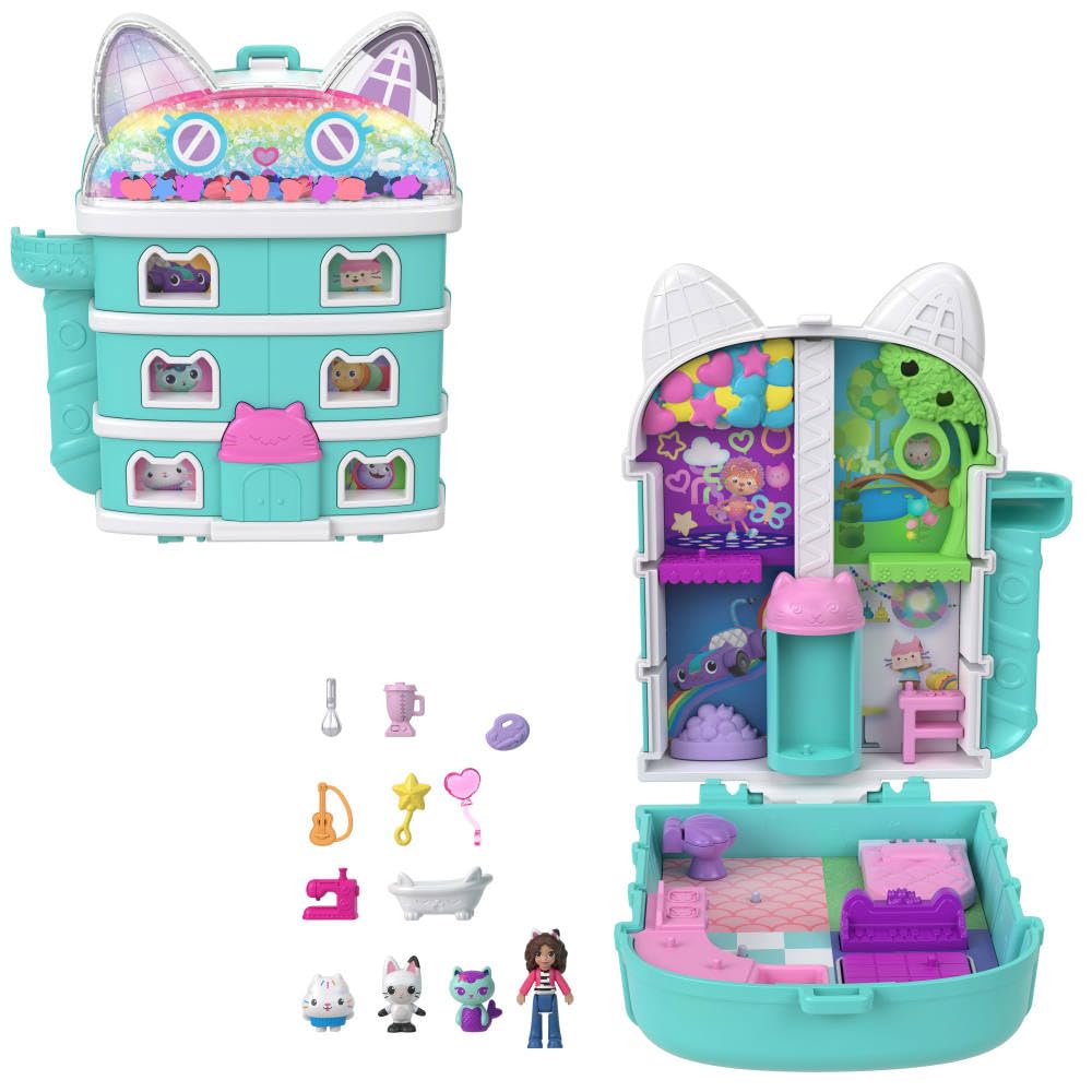 Polly Pocket x Gabby's Dollhouse Compact, Micro Dolls and Playset, 9 Themed Accessories, Pandy Paws, Cakey, & Mercat Pet Friends