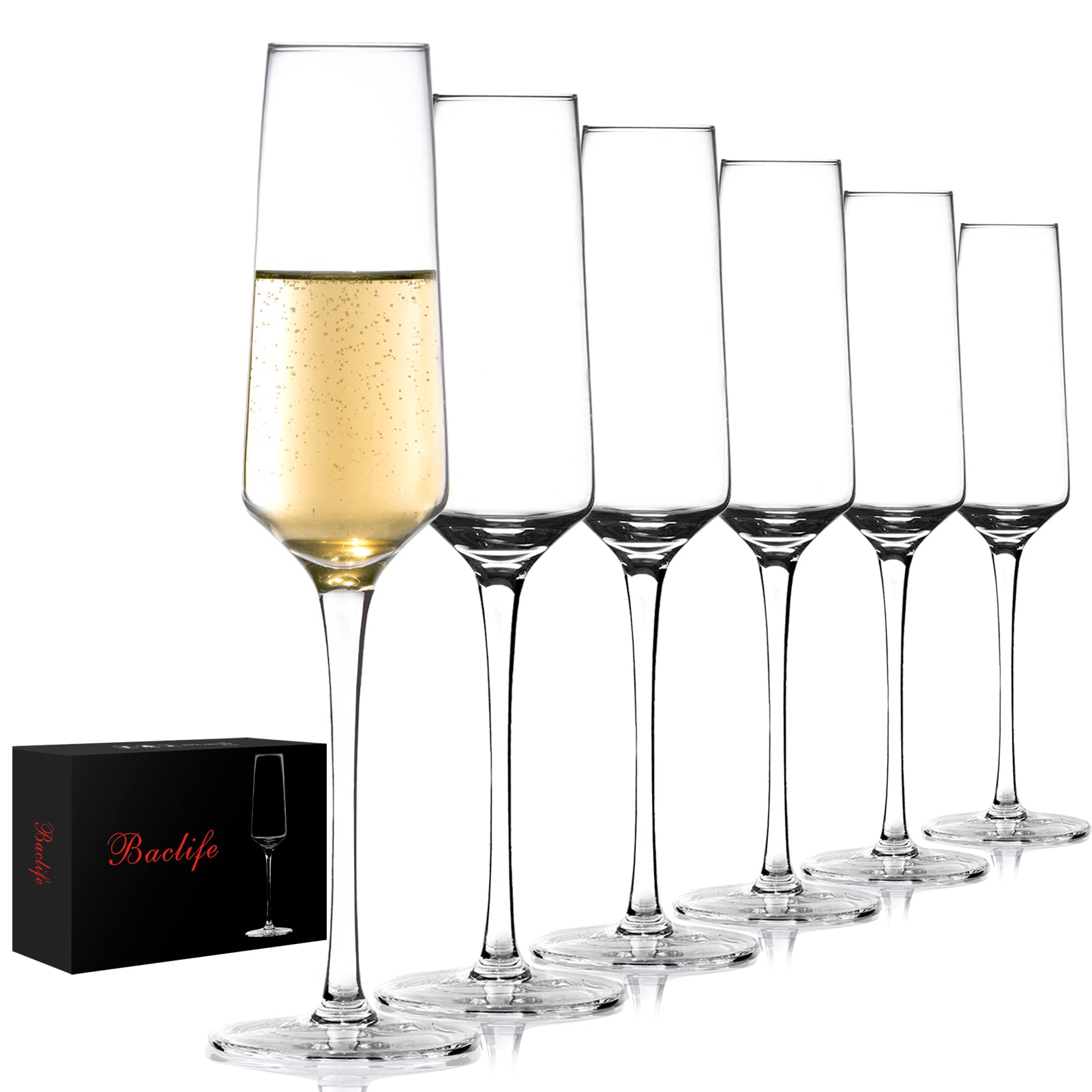 BACLIFE Champagne Flutes - Hand Blown Elegant Champagne Glasses Set of 6 - Unique Gift for Birthday,Wedding, Mother's Day - Ideal for Wine Tasting,Daily Use - 7.5 oz, Clear