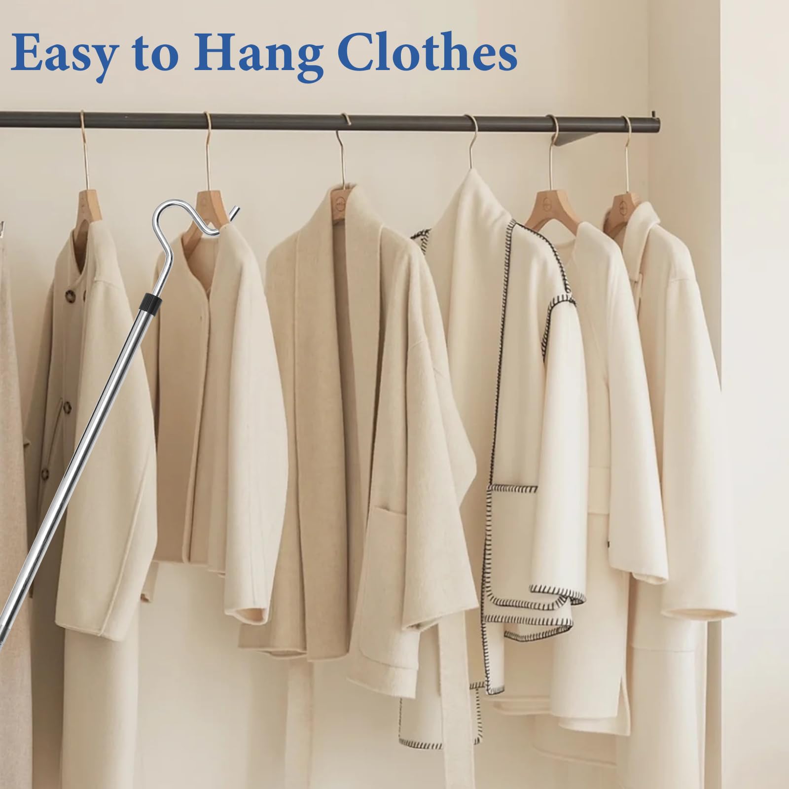 Greeily Clothes Hook Pole, Clothes Hanger Reaching Hook for Hanging Clothes Light and Plants Extendable from 35" to 50" Made of Stainless Steel Tube with Sponge Handle (50inch)