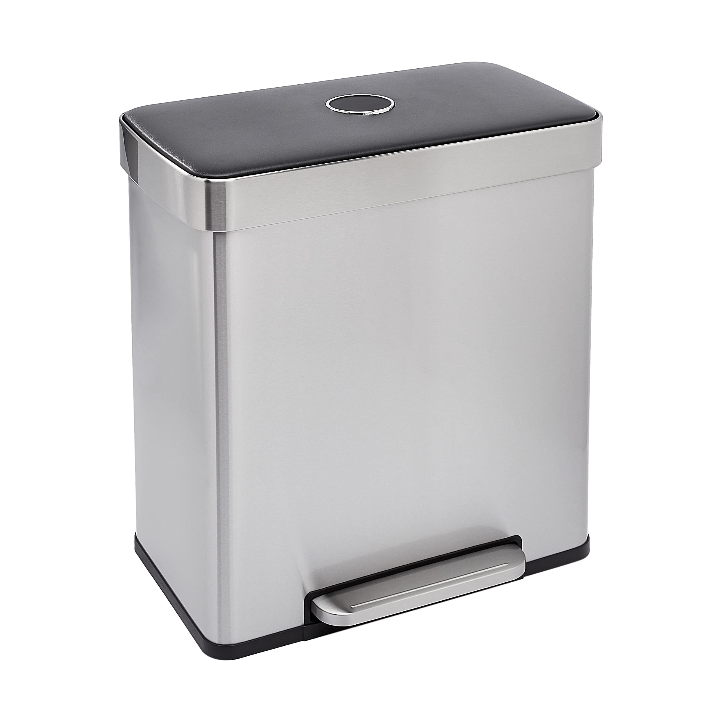 Basics Dual Compartment Recycling Trash Can with Soft-Close Lid and Removable Liner Buckets, 60 Liters, Rectangular, Grey, Silver