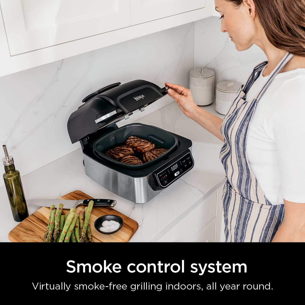 Ninja | Indoor Grill | Foodi | 5-in-1 (Grill, Air Fry, Roast, Bake, and Dehydrate | Fits up to 3lb Roast | Smoke Control System and Dishwasher Safe Parts| Black/Grey | AG301