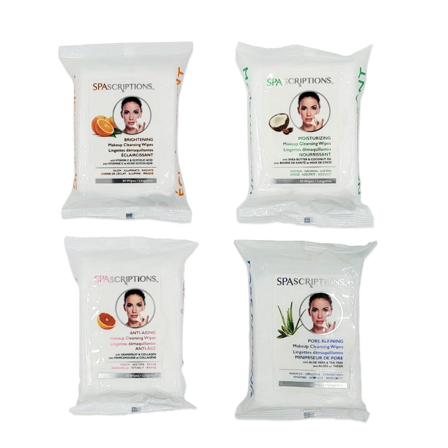 Spascriptions™ Anti-Aging, Brightening, Moisturizing & Pore Refining Towelettes Removes Waterproof Makeup, Revives with Collagen, Vitamin C, Coconut Oil, and Aloe Hypoallergenic, 120 Ct. 4 Pack