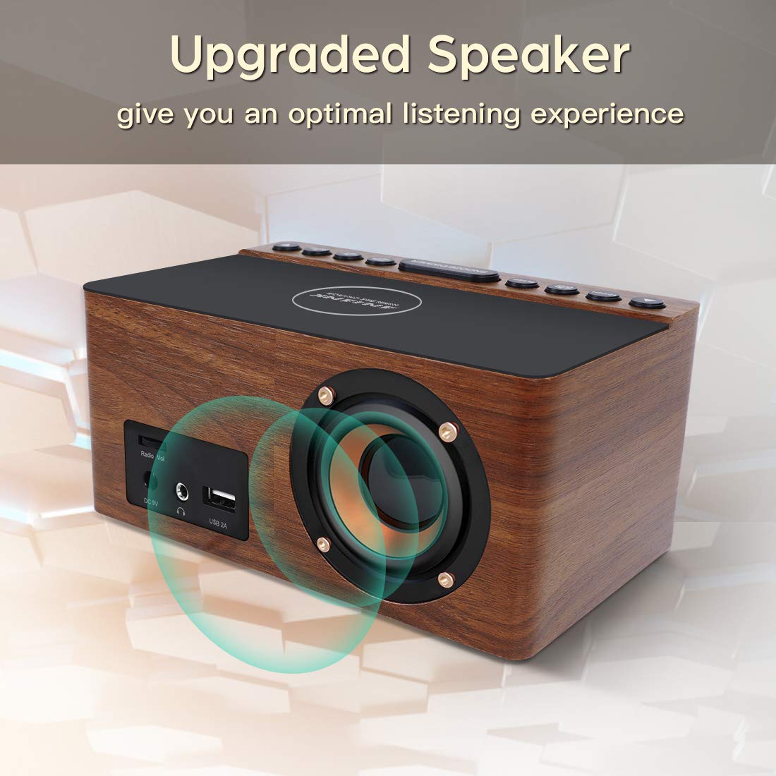 ANJANK Digital LED Alarm Clock FM Radio, Fast Wireless Charger Station for iPhone/Samsung Galaxy, 5 Level Dimmer, USB Charging Port, 2 Sounds, Sleep Timer for Bedroom, Bedside, Desk - Wood