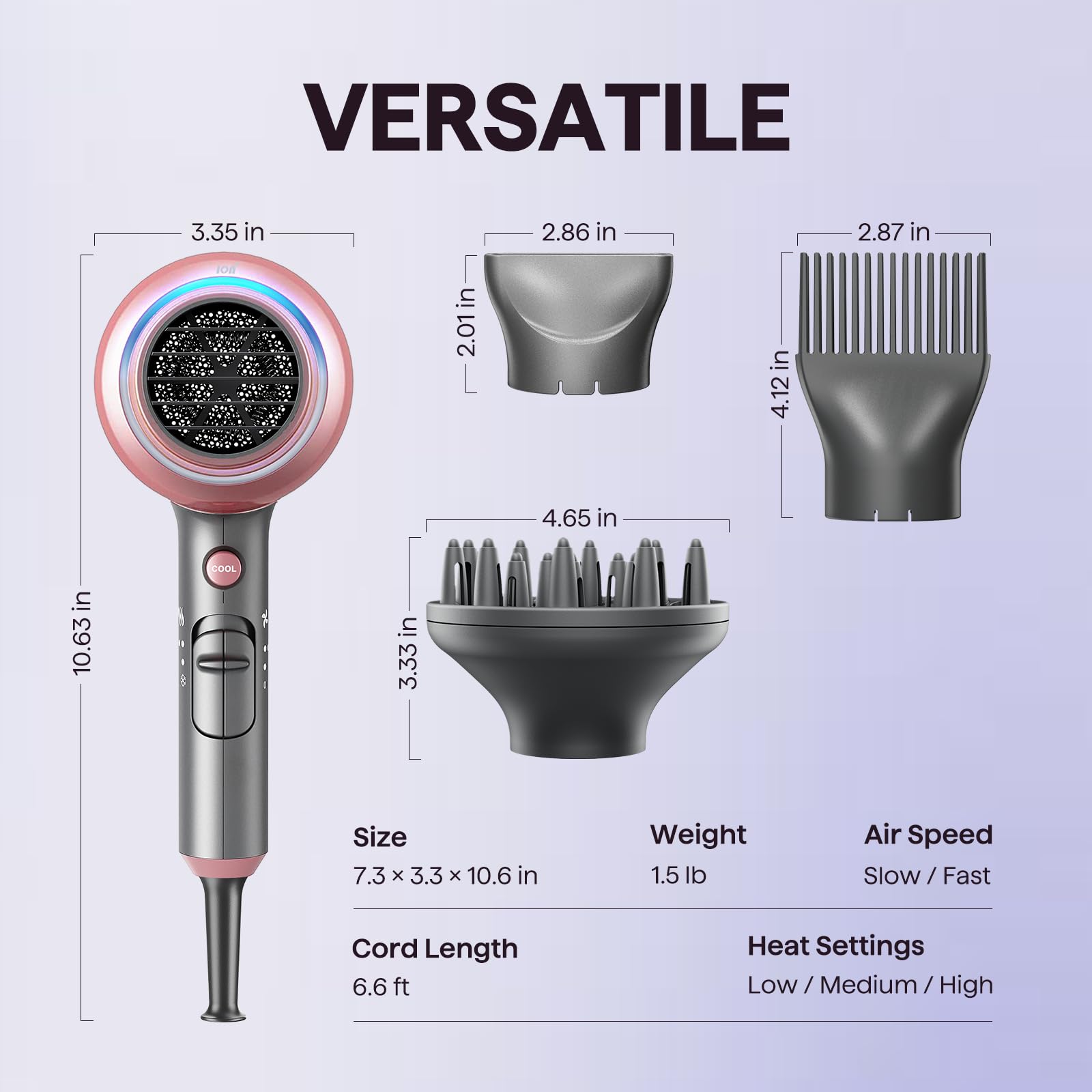 Wavytalk Hair Dryer, Blown Away Ionic Hair Dryer for Curly Hair with Diffuser, 1875W Fast Drying Blow Dryer with Ceramic Technology, 3 Attachments for All Hair Types, Light and Quiet, Rose Gold
