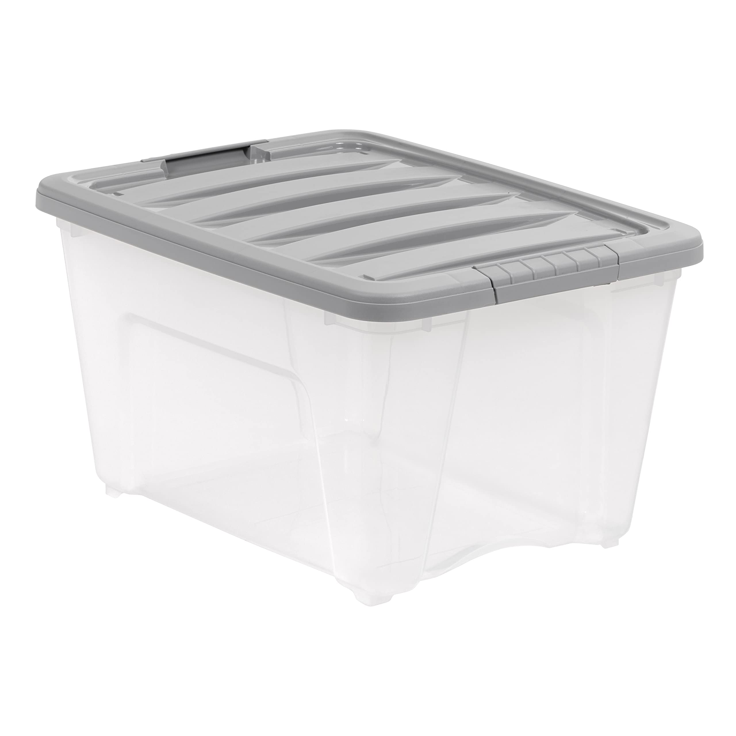 Amazon Basics Plastic Storage Containers with Secure Latching Lids, Stackable Organization Bins, 32 Quart, Set of 6, Clear/Grey