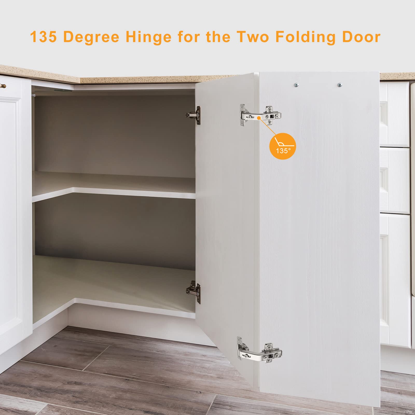 Chibery 2 Pack 1 Pairs 135° Lazy Susan Hinge, Full Overlay Concealed for Corner Kitchen Cabinet Replacement Hardware, Cupboard Folded, Folden Door