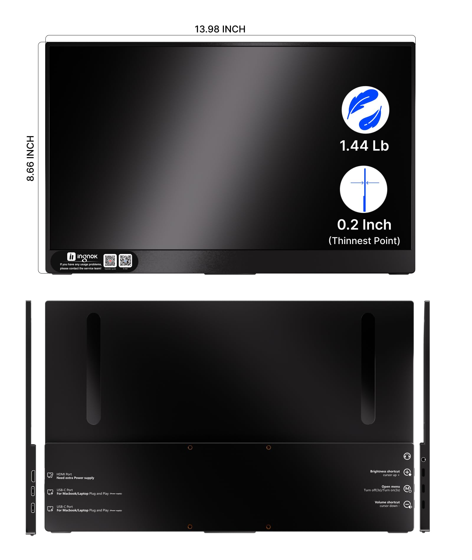 Ingnok Portable Monitor, Ultra Slim 15.6 Inch FHD IPS Laptop Screen Extender with Adjustable Stand, USB C Compatible, Ideal for Travel and Office