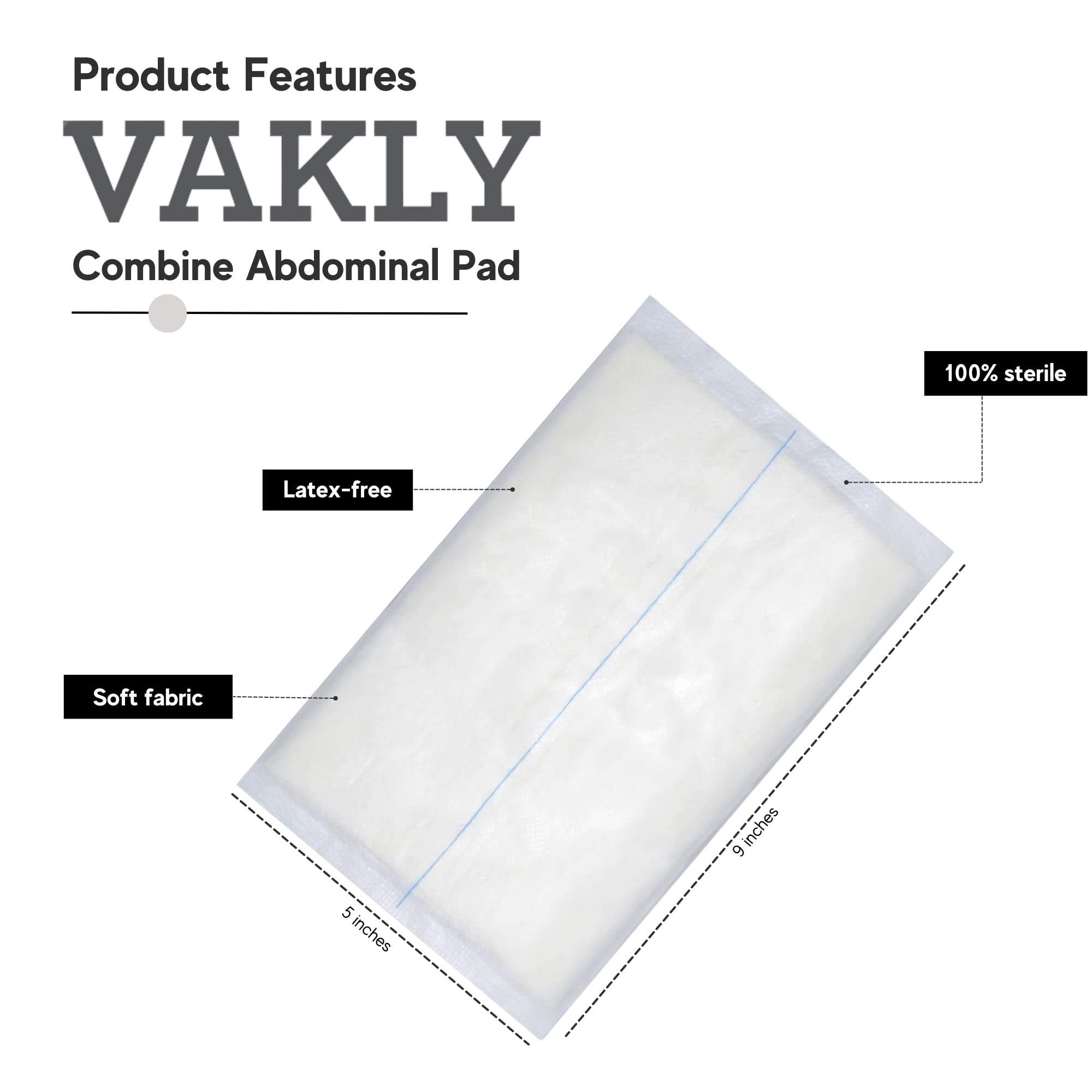 Vakly ABD Combine Abdominal Pads 5x9 Inches [20 Pack] High Absorbency Sterile Individually Wrapped 5''x9'' First Aid Non-Adherent Absorbent Post-Op Gauze - Heavy-Draining, Trauma Wound Dressing
