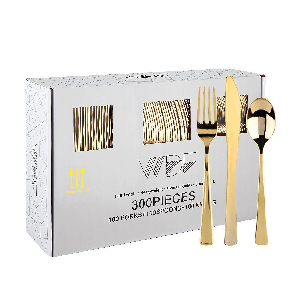 WDF300 Pieces Gold Plastic Silverware - Heavy Duty Disposable Cutlery Set Plastic Gold Silverware Set Includes 100 Forks, 100 Spoons, 100 Knives for Party