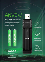 ANVOW Smart AAAA Battery Charger with 2 Counts Rechargeable AAAA Batteries - Ni-MH 1.2V 400mAh 1200 Cycles Surface Pen Active Stylus Rechargables Battery
