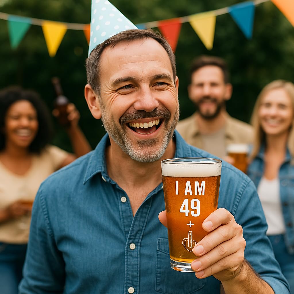49 + One Middle Finger 50th Birthday Gifts for Men Women Beer Glass – Funny 50 Year Old Presents - 16 oz Pint Glasses Party Decorations Supplies - Craft Beers Gift Ideas for Dad Mom Husband Wife 50 th