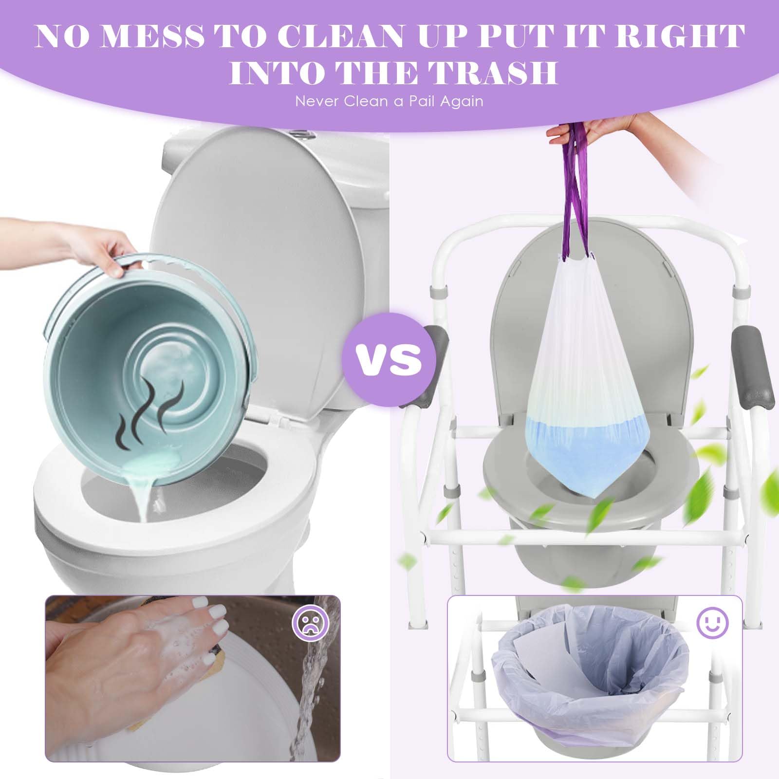 Elzrghs Commode Liners with Absorbent Pads for Bedside Commode, Commode Toilet,50 La-Vender Scented Bedside Commode Liners and 50 Commode Pads, White