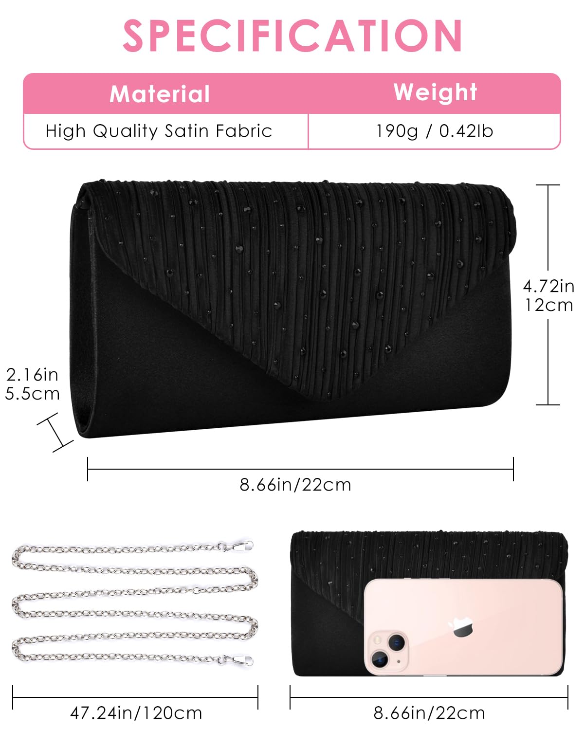 TINDTOP Evening Clutch Purses for Women Handbags for Formal Wedding Party Cocktail Prom Crossbody Shoulder Envelope Bag (A-Black)