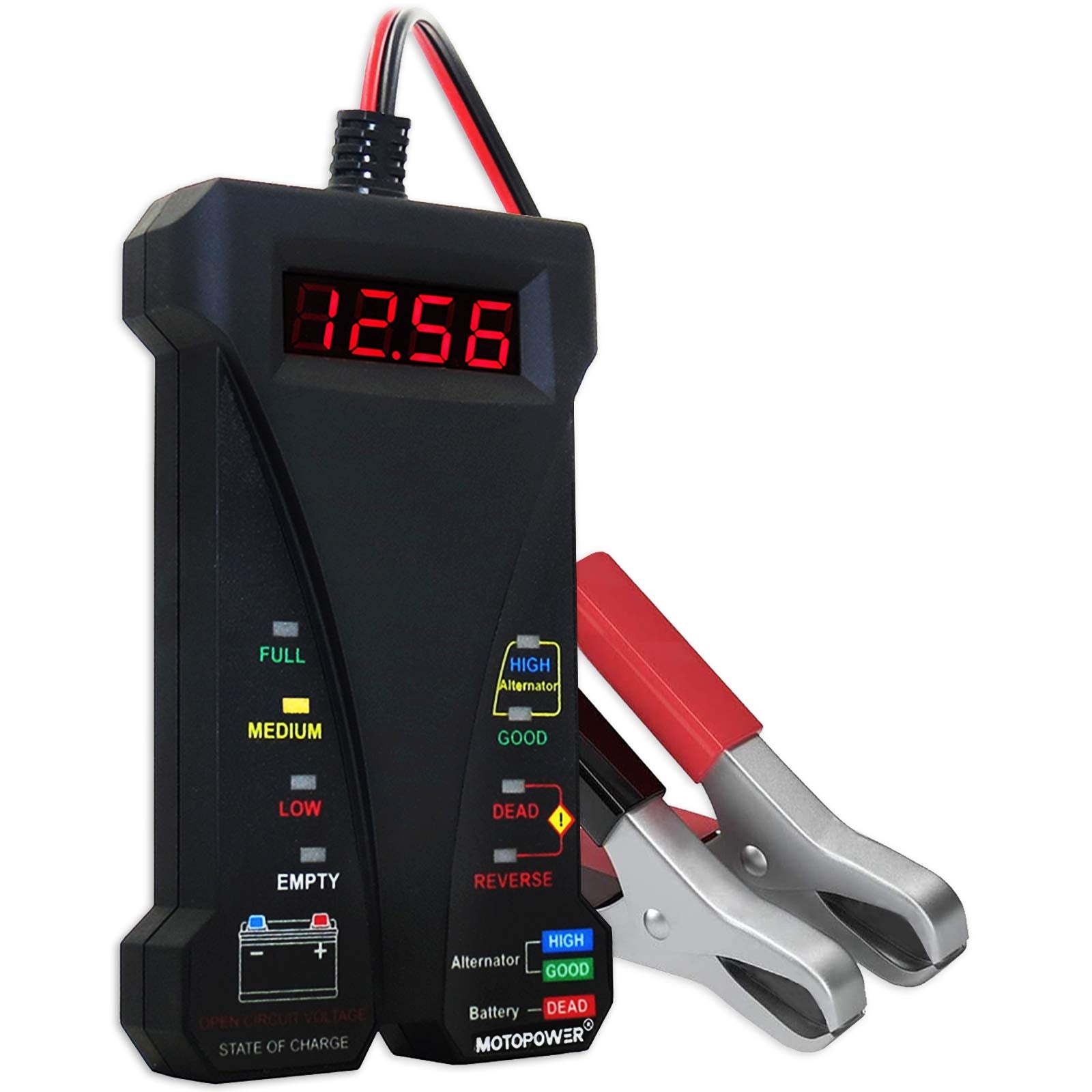 MOTOPOWER MP0514A 12 فولت جهاز اختبار بطارية السيارة الرقمي وفولتميتر ومحلل نظام الشحن مع شاشة LCD ومؤشر LED - طلاء مطاطي أسود