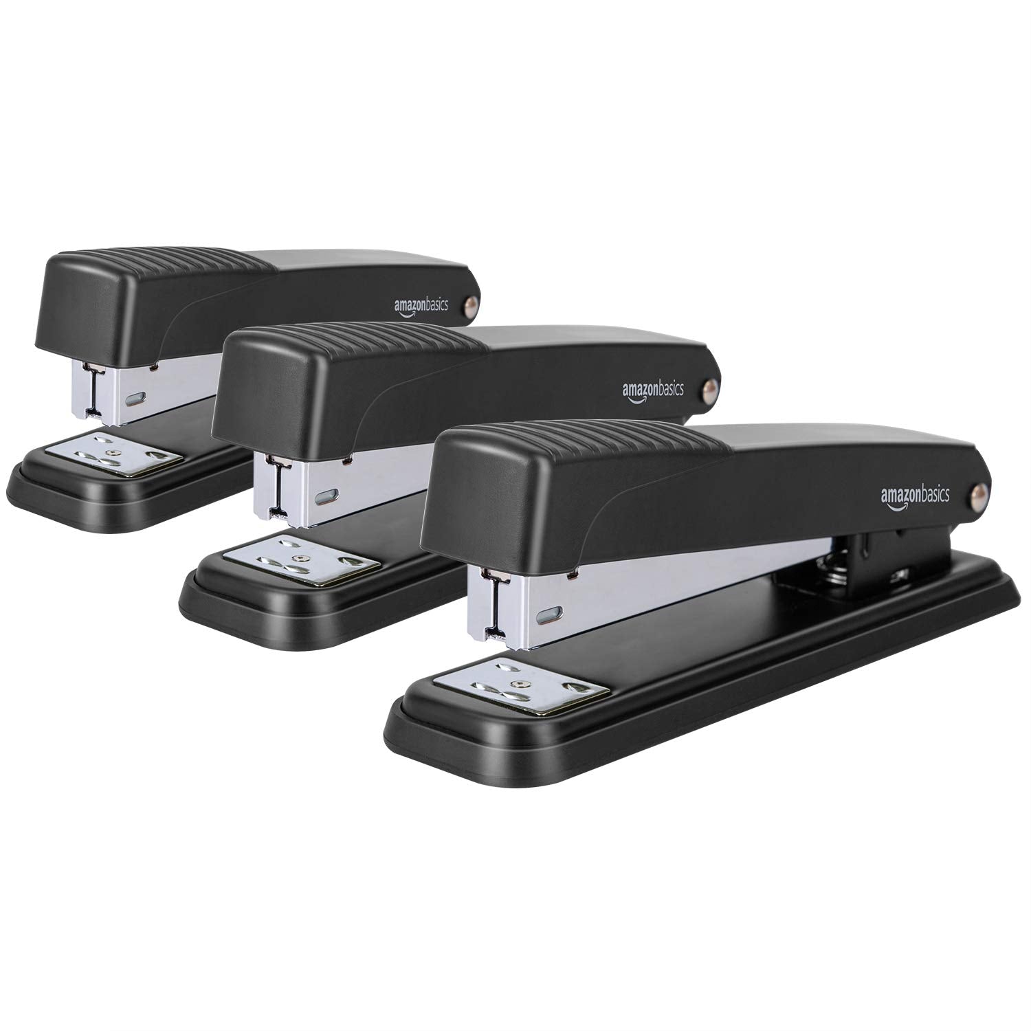 Basics Full-strip Metal Office Desktop Stapler, 20 Sheet Capacity, 3 Pack, Black