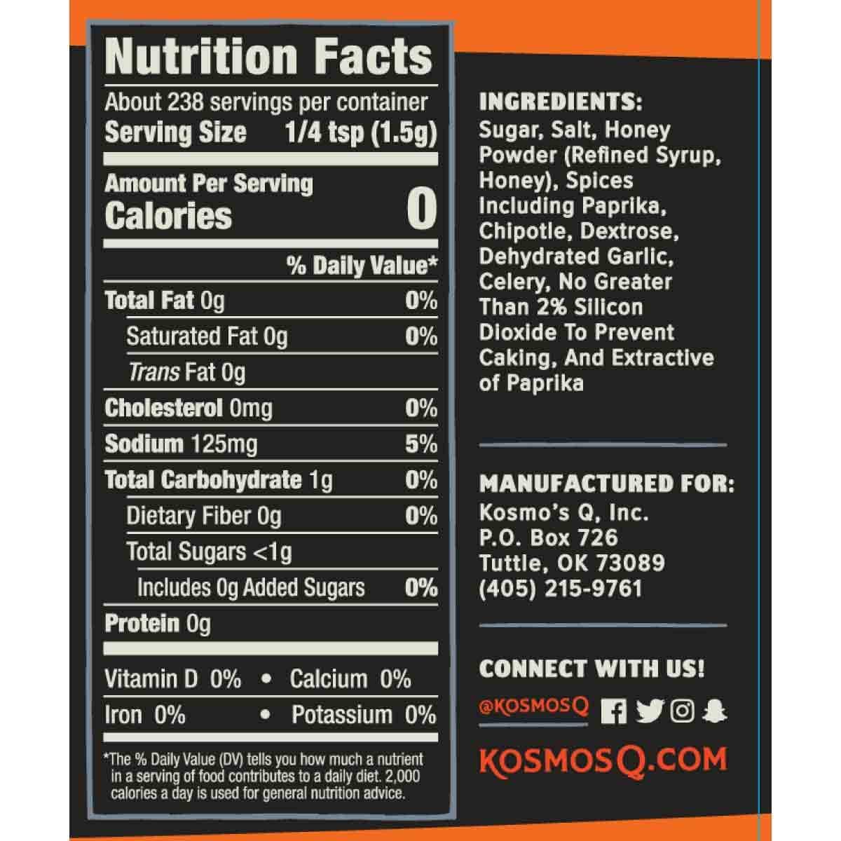 Kosmos Q Honey Chipotle Killer Bee BBQ Dry Rub, Sweet and Spicy Seasoning with Sugar, Chipotle, Garlic & Paprika for Ribs, Pulled Pork, Chicken, Dry Rub For Smoking & Grilling, 12.6 Oz Shaker Bottle