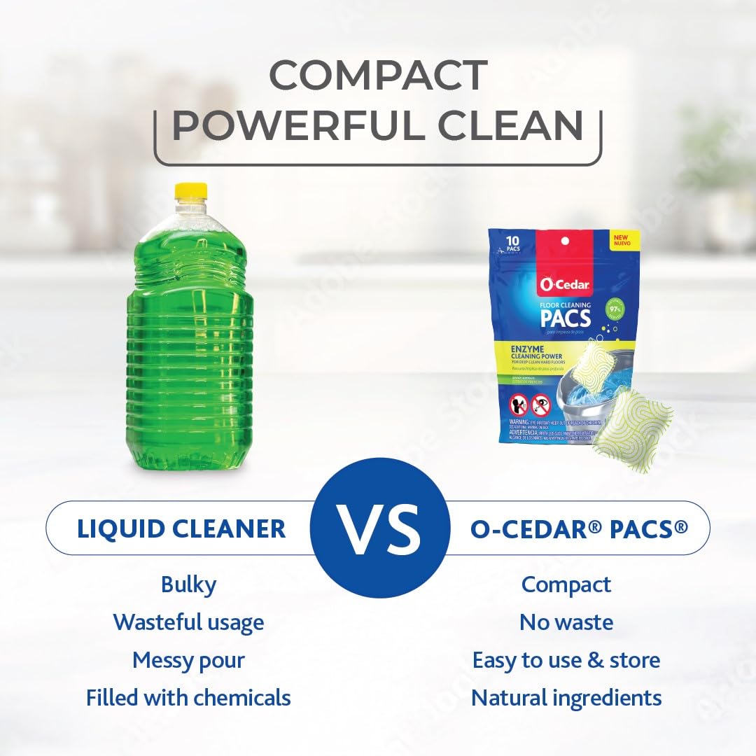 O-Cedar PACS Hard Floor Cleaner, Crisp Citrus Scent 10 Count (1-Pack) | Made with Naturally-Derived Ingredients | Safe to Use on All Hard Floors | Perfect for Mop Buckets