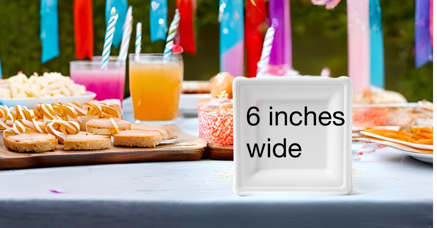 Susty Party 6-Inch Compostable Square Plates (50-Count), Sugarcane Heavy Duty Disposable Biodegradable Plate for Dessert, White