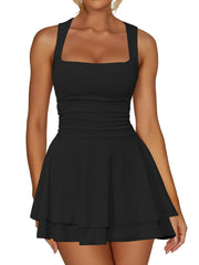 Kaximil Women's Square Neck Ruffle Hem Mini Dress Ruched Waist Short Party Dresses, Medium, Black