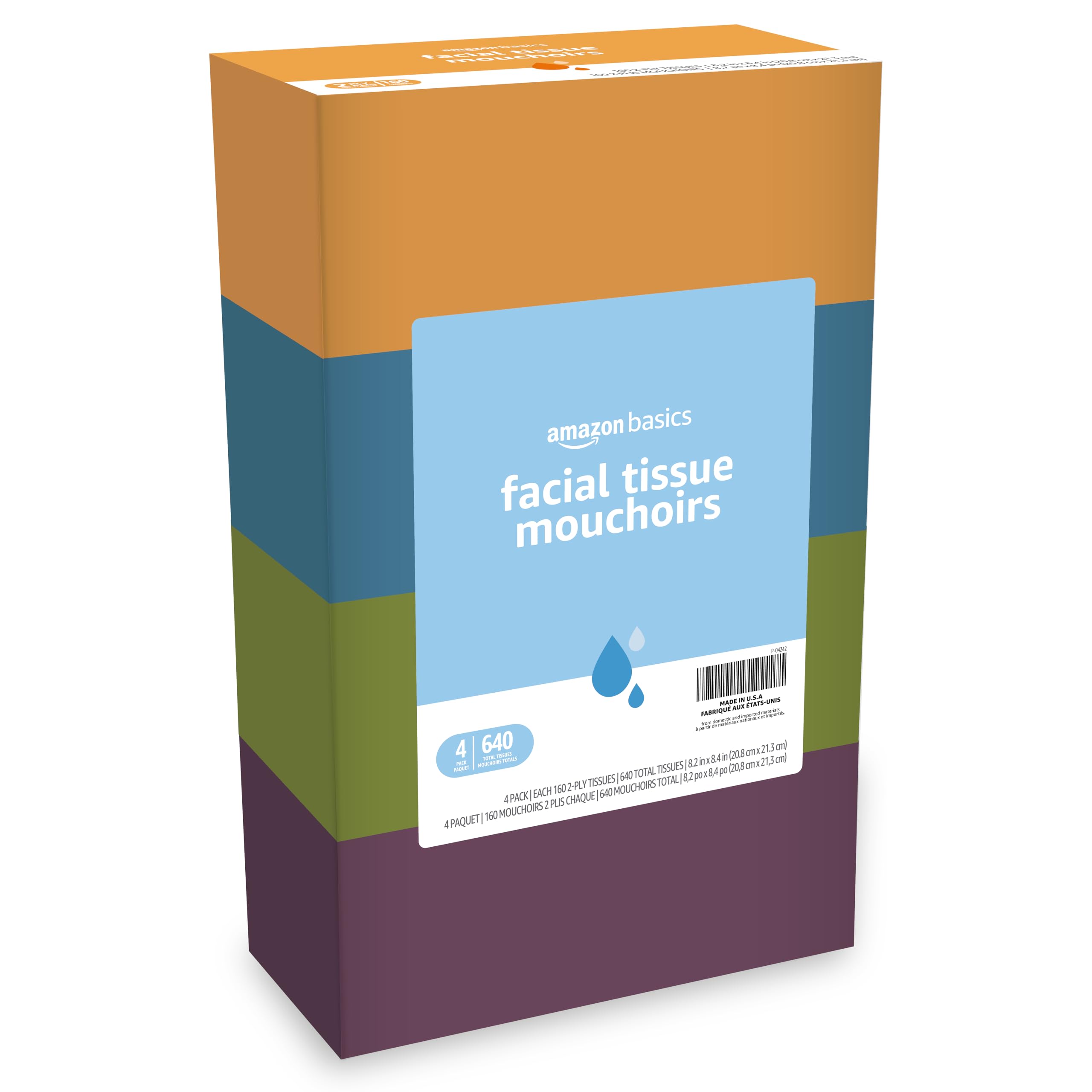 Basics Facial Tissue, 2-Ply, 160 Tissues per Box, 4 Boxes (640 total) (Previously Solimo)