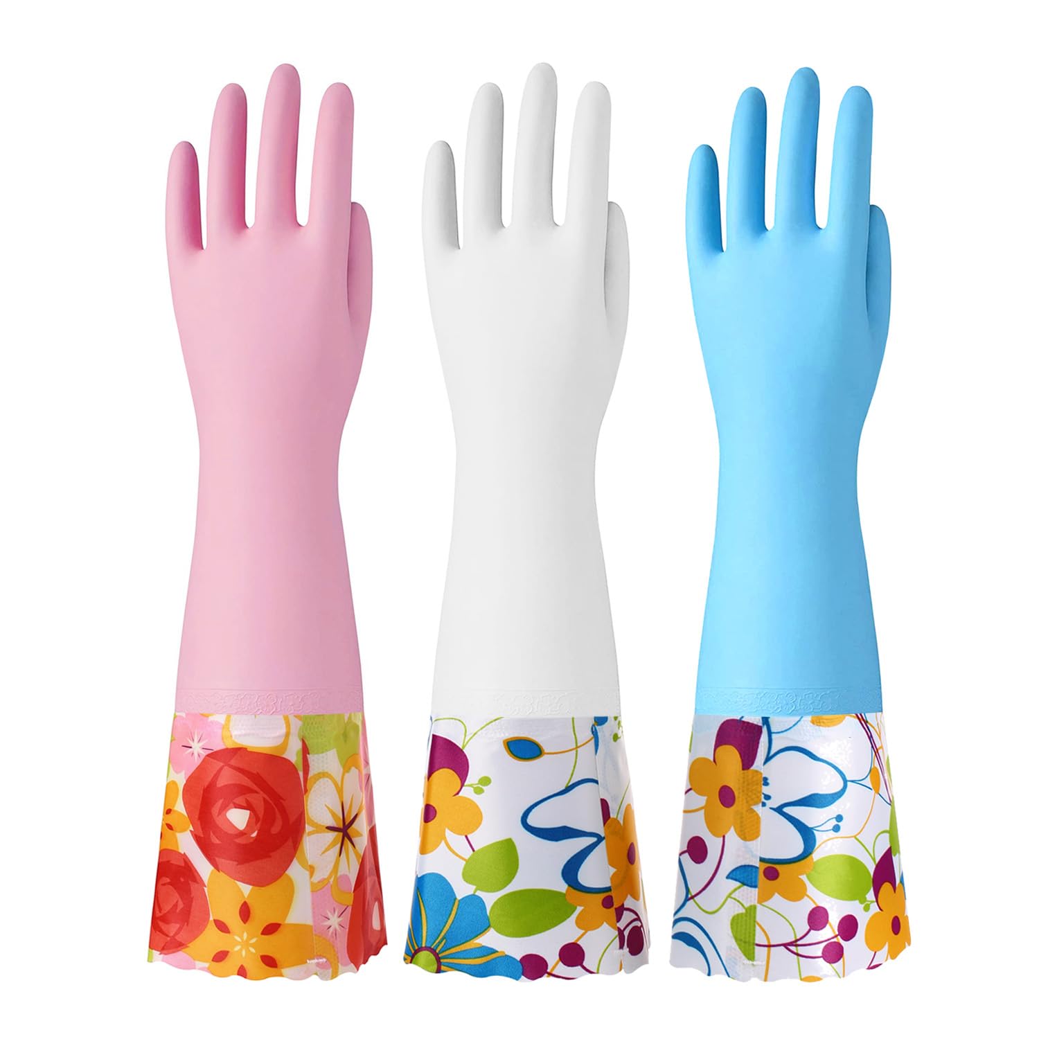 Bamllum 3 Pairs Rubber Cleaning Gloves, Household Kitchen Dishwashing Gloves with Cotton Flocked Liner, Long Cuff 16 Inches, Reusable, Non-Slip (Medium, Blue+Pink+White)