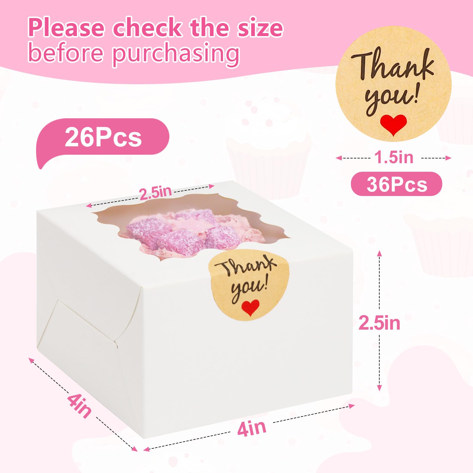 ZYFOTZUN 26pcs White Cookie Boxes with Window, 4x4x2.5 Inches Small Bakery Boxes with 36pcs Stickers, for Mini Cake Cookies Treat Dessert Pastry Donuts Macaroon Strawberries Chocolate Cupcakes Candy