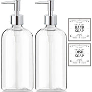 Clear Soap Dispenser with Rust Proof Pump, Waterproof Labels (2 Pack,16 Oz), Plastic Hand Soap Dish Soap Dispenser for Kitchen Bathroom