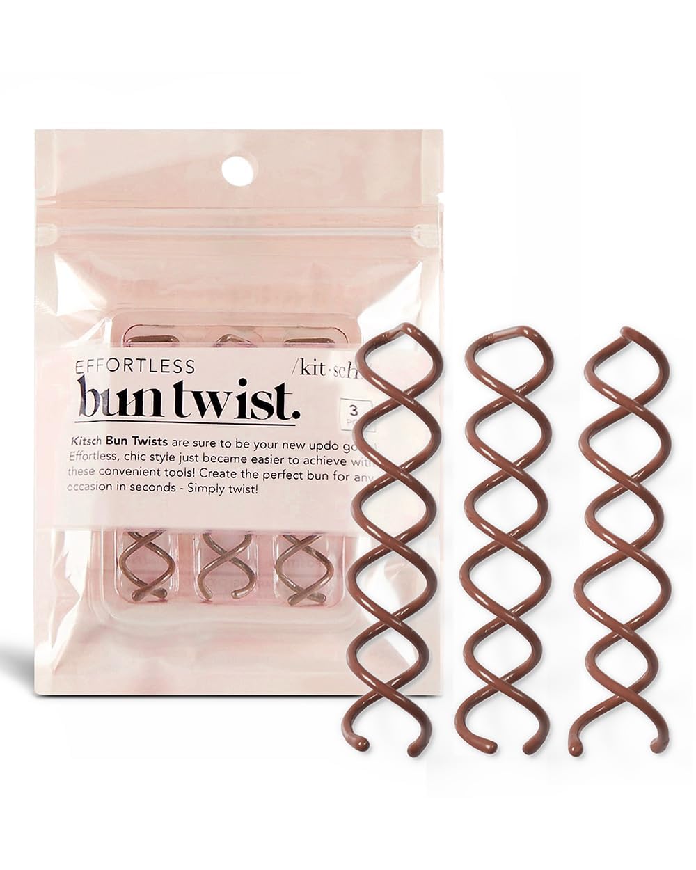 Kitsch Spiral Bobby Pins for Girls and Women - Hair Bun Maker | Rounded Tips, Chip-Resistant Bun Twist Spiral Hair Pins | Secure Hold All-Day - 3Pcs, Brown