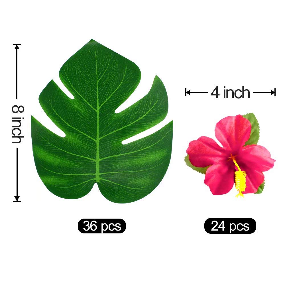 60Pcs Tropical Party Decorations Supplies Tropical Palm Leaves Hibiscus Flower Simulation Artificial Leaf for Hawaiian Luau Safari Party Jungle Beach Theme BBQ Birthday Parties Decorations Table Decor