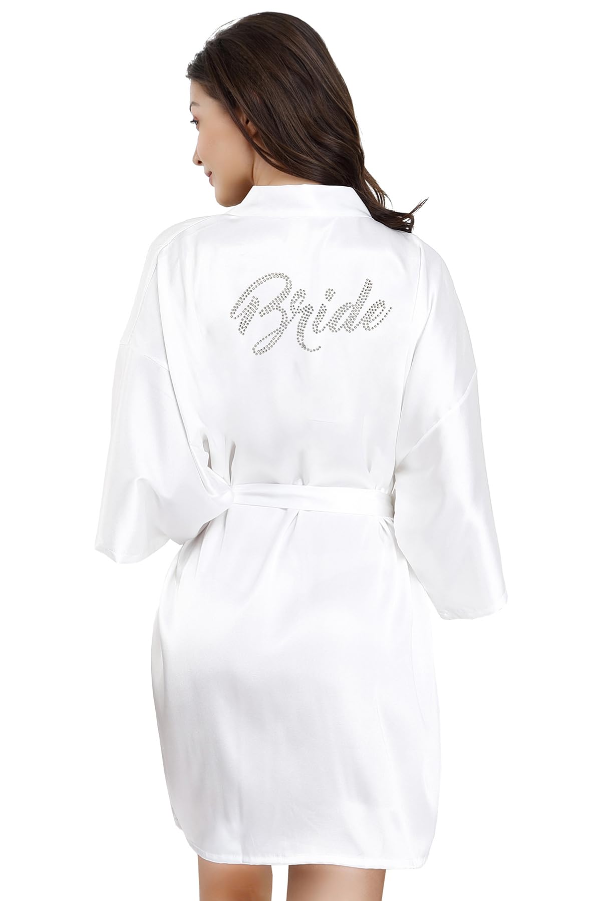 EPLAZA Women's One Size Silver Rhinestones Bride Bridesmaid Short Satin Robes for Wedding Party Getting Ready (White, Bride)