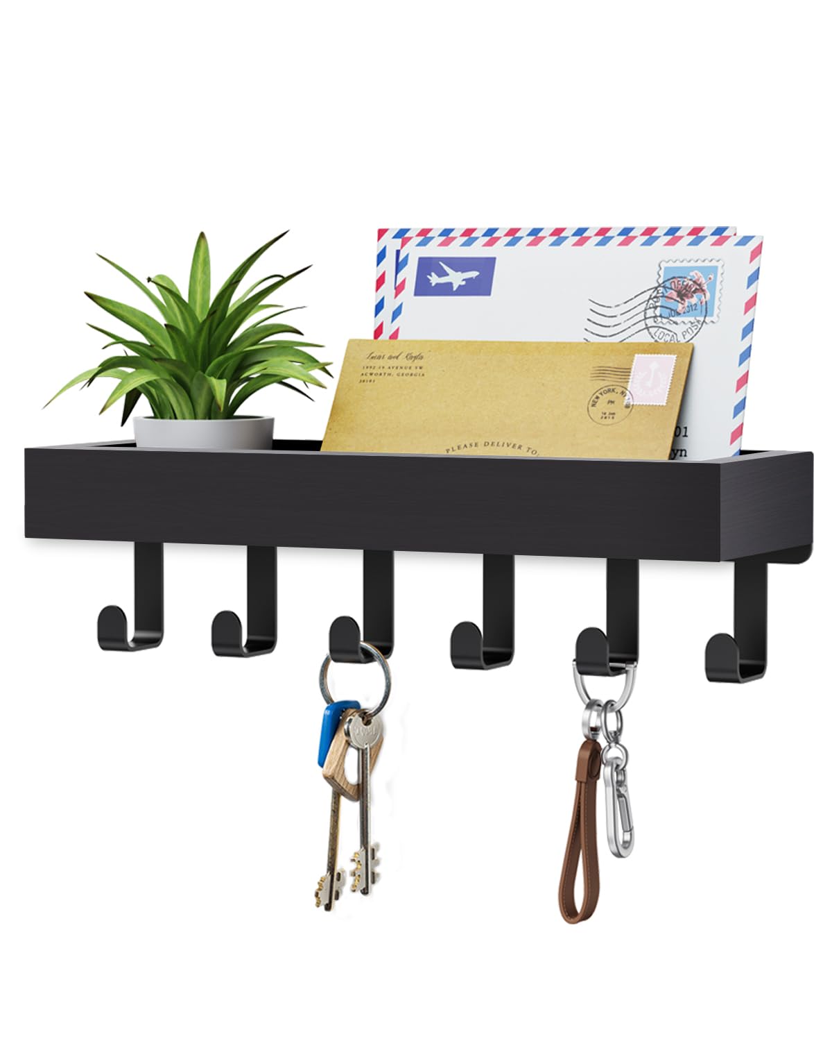 Key Holder Wall Mount Adhesive Magnetic - Hanging Key Hooks with Mail Organizer Tray for Wallet House Accessories - Keys Hanger Rack with Shelf for Camper Entryway Door Home Living Room Decor Black