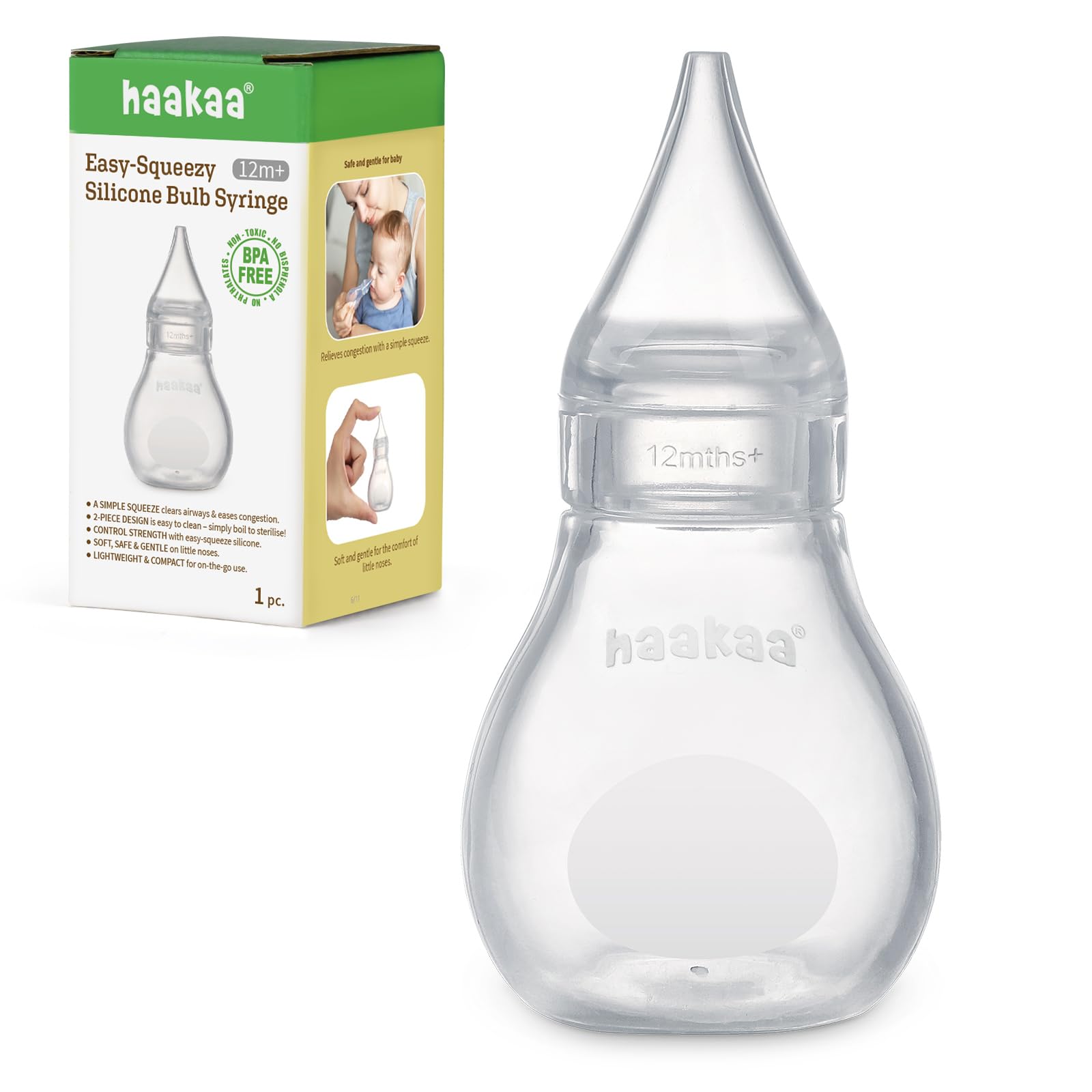Haakaa Silicone Baby Nasal Aspirator | Nose Bulb Syringe | Easy-Squeezy Baby Nose Cleaner, Newborn Infant &Toddler - BPA Free Silicone