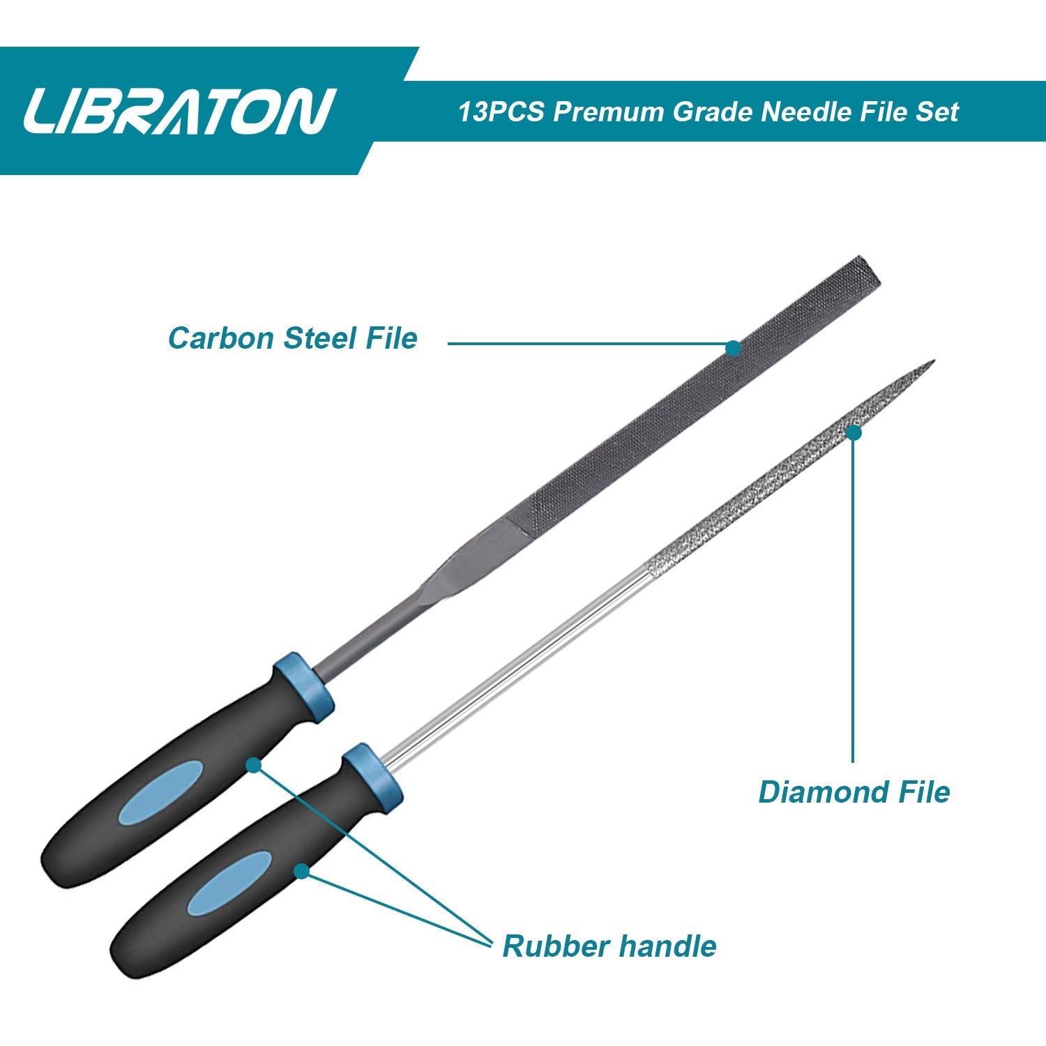 LIBRATON Small File Set, Needle Diamond Files 13PCS, 6pcs Jewlers & 6 Steel for Precision Metal Work, Wood, Woodworking, Plastic Carving Tool with Brush and Carry Case